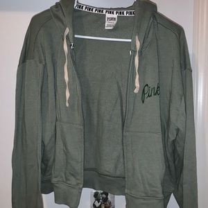 PINK Army Green Cropped Zip Up Hoodie